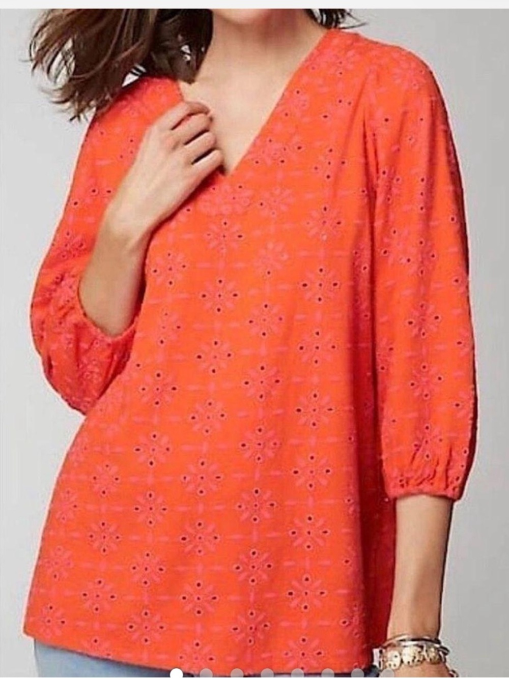 J Jill Orange pink eyelet V-Neck Top size Medium